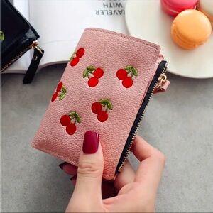 Pink Cherry Embroidered Vegan Leather Wallet Zip Coin Snap Closure NWT